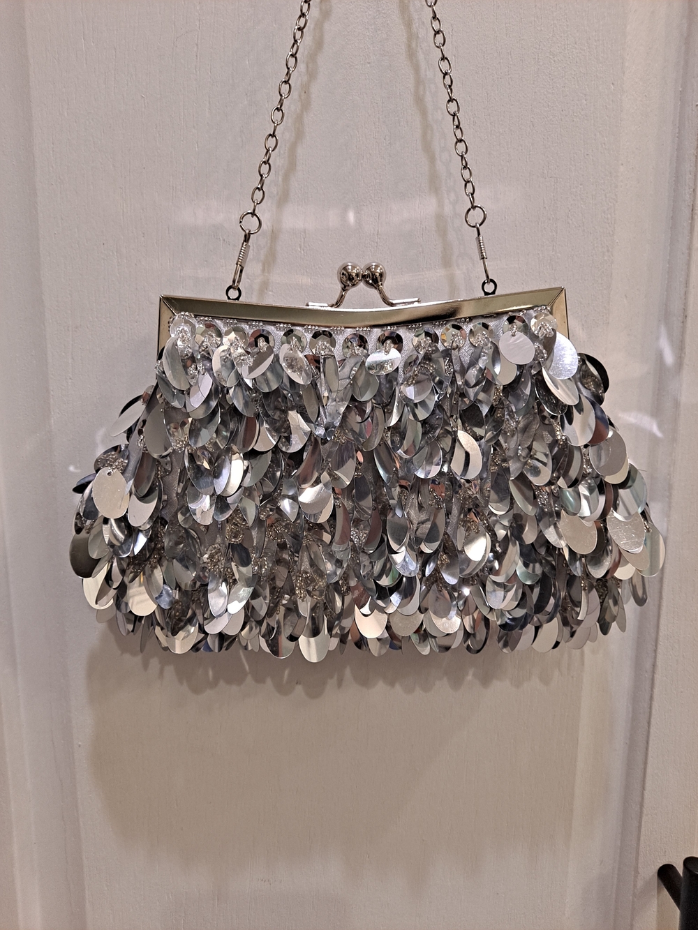 Silver Sequin Beaded Shoulder Handbag Clutch Vintage Retro Inspired